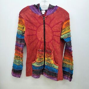 Boho Rainbow Sun Hoodie – S/M – Made in Nepal